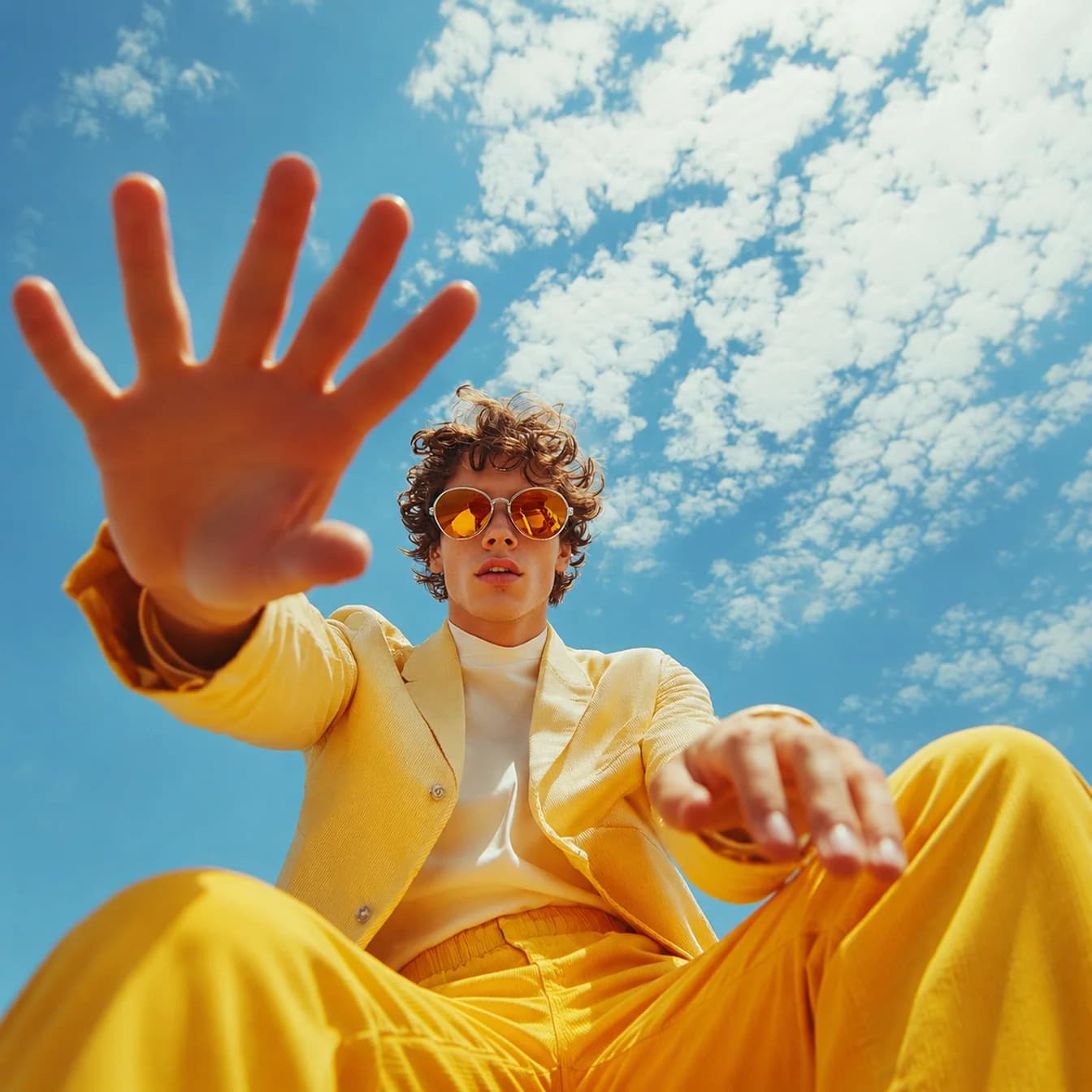 Hombre de traje amarillo y lentes naranjas estirando la mano hacia la cámara bajo un cielo azul