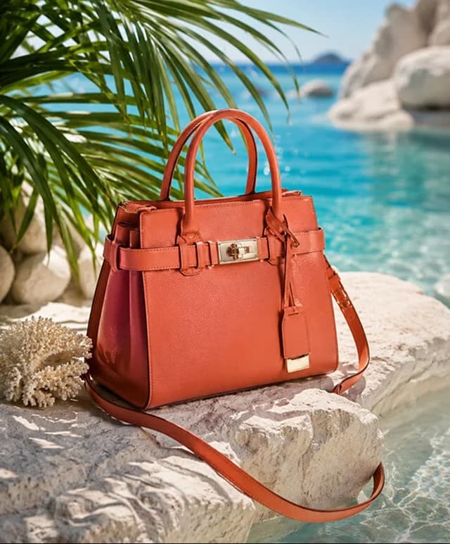 Bolsa de piel color camello sobre una roca blanca junto a agua turquesa y hojas de palma