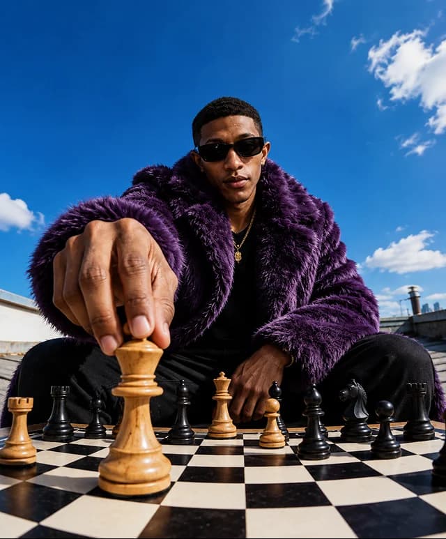 Hombre con abrigo de piel morado moviendo una pieza en un tablero de ajedrez gigante bajo el cielo azul