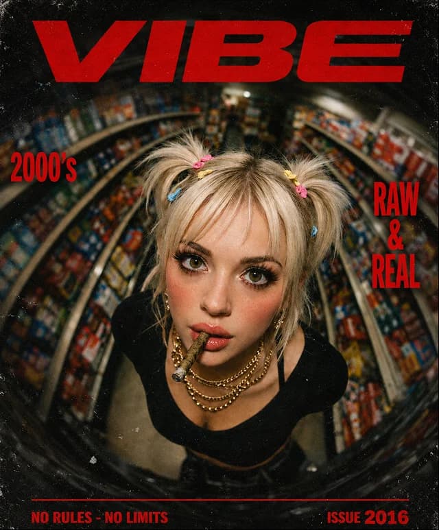 Portada de la revista Vibe con una mujer rubia de coletas vista con lente ojo de pez