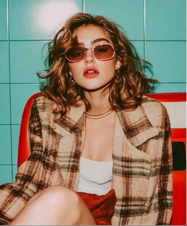 Mujer de cabello rojo rizado, lentes tintados y chamarra a cuadros frente a azulejos verde menta