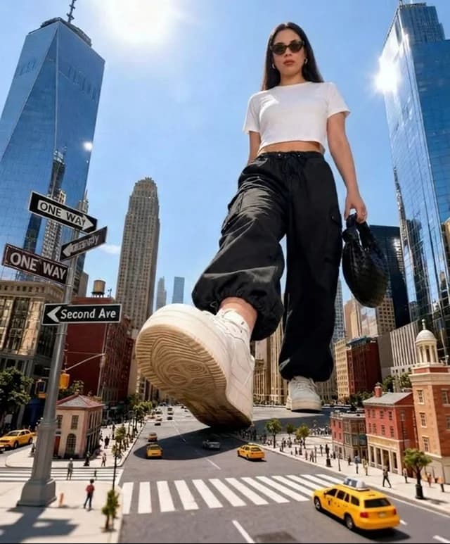 Mujer gigante con top corto blanco pasando sobre una calle con taxis amarillos