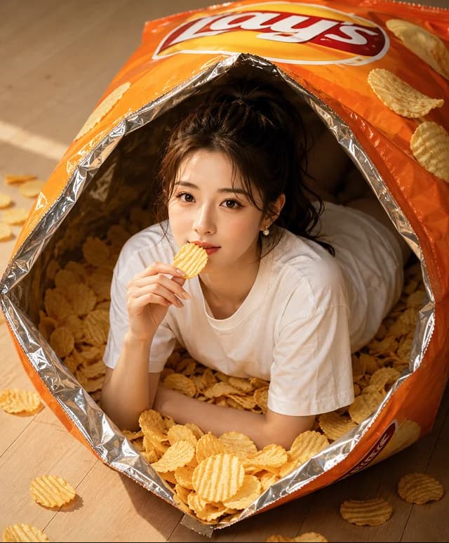 Joven comiendo una papita acostada dentro de una bolsa gigante de papas abierta