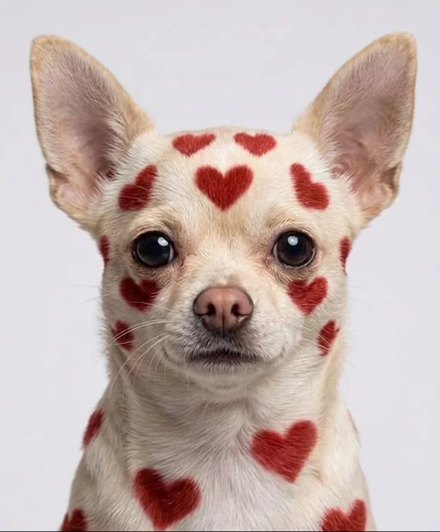 Chihuahua con corazones rojos pintados en su pelaje blanco