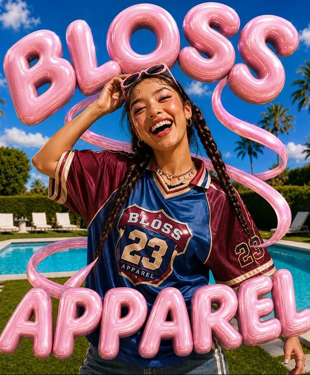 Mujer sonriente con jersey “Bloss 23” detrás de letras de globo rosas que dicen “Bloss Apparel”