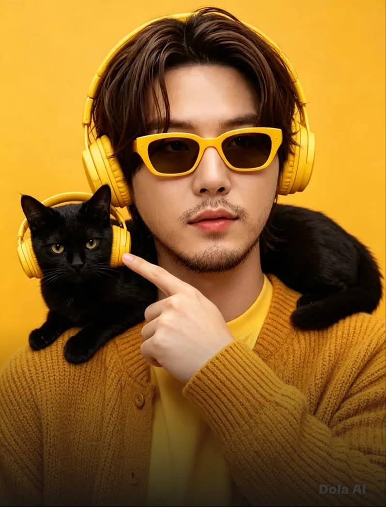Hombre con lentes de sol amarillos y audífonos, con un gato negro en el hombro
