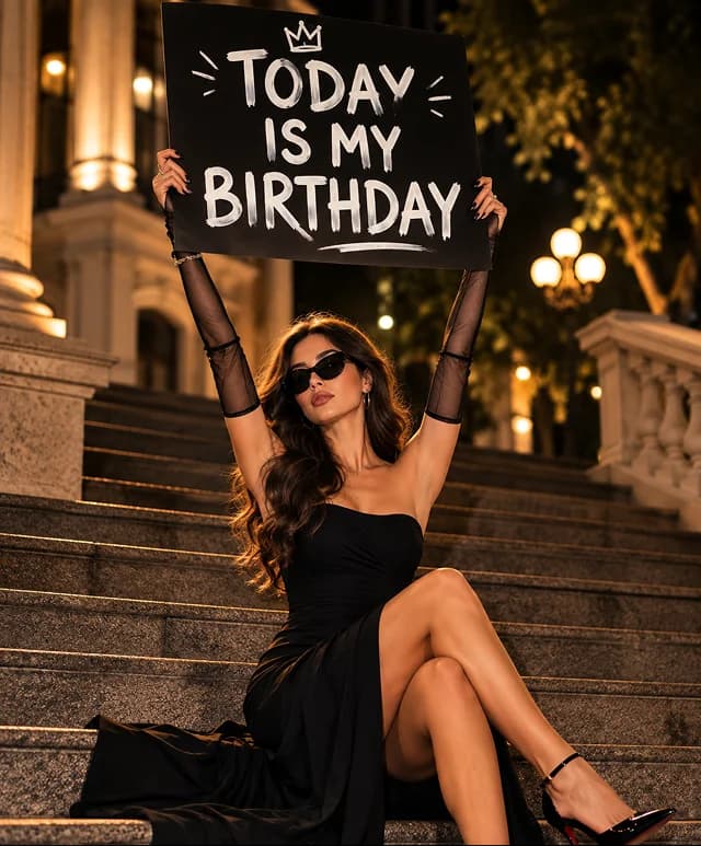 Mujer de vestido negro en unas escaleras de piedra de noche con un letrero “Today Is My Birthday”